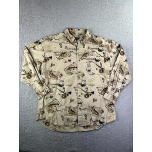 Mens Field and Stream Sz XL Fishing AOP Button Down Shirt Beige Cotton Blend